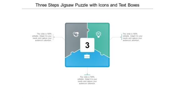Three Steps Jigsaw Puzzle With Icons And Text Boxes Ppt Powerpoint Presentation Outline Example