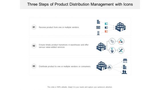 Three Steps Of Product Distribution Management With Icons Ppt PowerPoint Presentation Outline Infographics