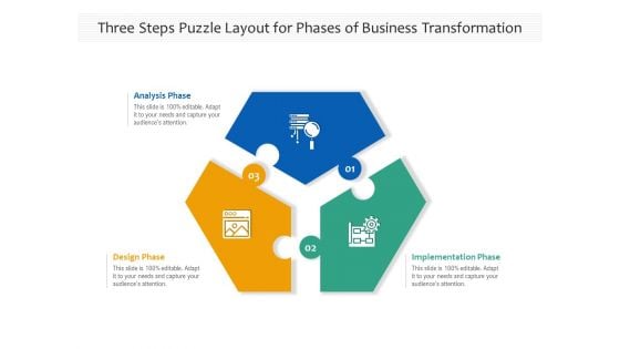 Three Steps Puzzle Layout For Phases Of Business Transformation Ppt PowerPoint Presentation File Slideshow PDF