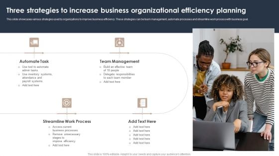 Three Strategies To Increase Business Organizational Efficiency Planning Template PDF