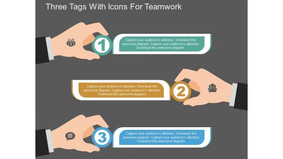 Three Tags With Icons For Teamwork Powerpoint Template