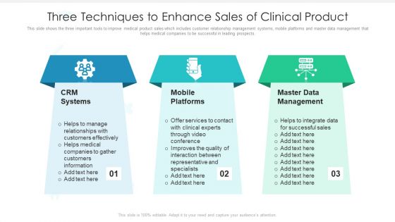Three Techniques To Enhance Sales Of Clinical Product Ppt Ideas Slides PDF Three Techniques To Enhance Sales Of Clinical Product Ppt Ideas Slides PDF