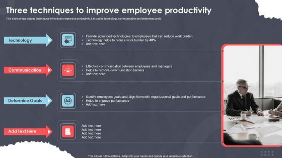 Three Techniques To Improve Employee Productivity Ppt PowerPoint Presentation Pictures Tips PDF