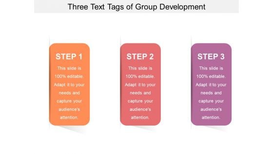 Three Text Tags Of Group Development Ppt PowerPoint Presentation Model Tips PDF