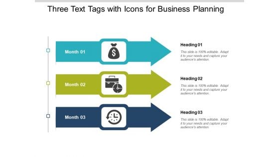 Three Text Tags With Icons For Business Planning Ppt PowerPoint Presentation Icon Templates