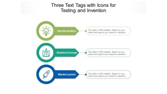 Three Text Tags With Icons For Testing And Invention Ppt PowerPoint Presentation Portfolio Outline PDF