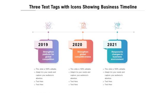 Three Text Tags With Icons Showing Business Timeline Ppt PowerPoint Presentation Template