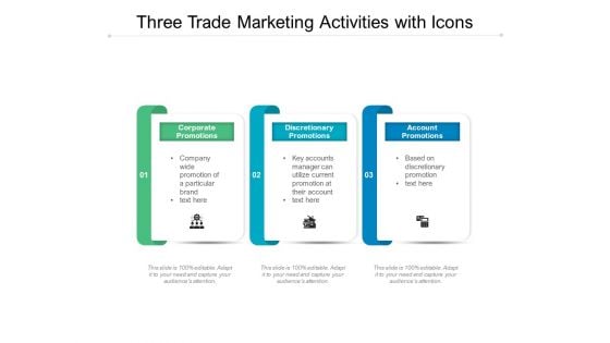 Three Trade Marketing Activities With Icons Ppt PowerPoint Presentation Styles Background Images PDF