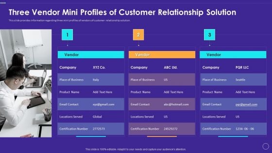 Three Vendor Mini Profiles Of Customer Relationship Solution Topics PDF