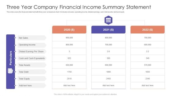 Three Year Company Financial Income Summary Statement Ppt PowerPoint Presentation File Backgrounds PDF