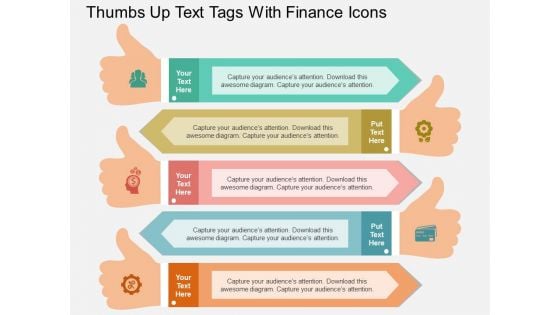 Thumbs Up Text Tags With Finance Icons Powerpoint Template