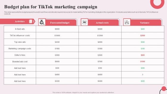 Tiktok Digital Marketing Campaign Budget Plan For Tiktok Marketing Campaign Graphics PDF