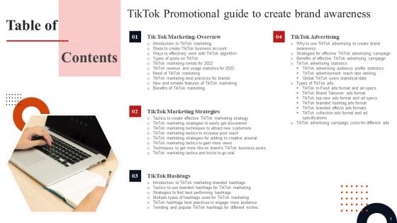 Tiktok Promotional Guide To Create Brand Awareness Tabel Of Contents Designs PDF