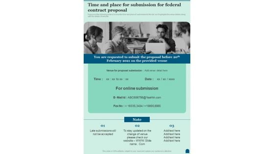Time And Place For Submission For Federal Contract One Pager Sample Example Document Time And Place For Submission For Federal Contract One Pager Sample Example Document