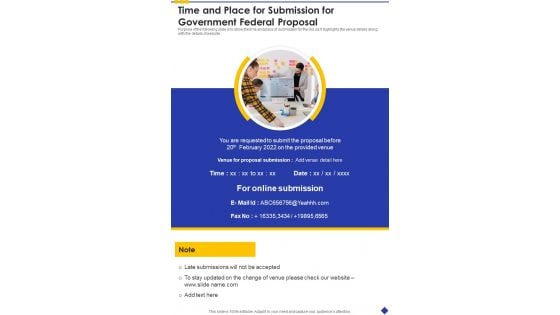 Time And Place For Submission For Government Federal Proposal One Pager Sample Example Document Time And Place For Submission For Government Federal Proposal One Pager Sample Example Document