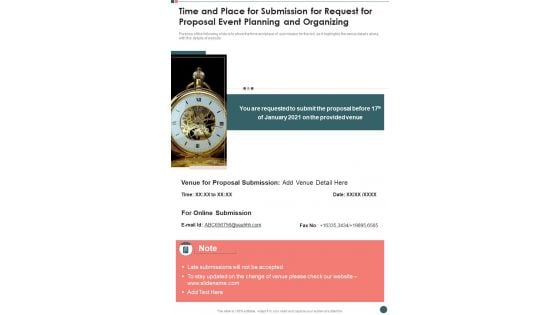 Time And Place For Submission For Request For Proposal Event Planning And Organizing One Pager Sample Example Document Time And Place For Submission For Request For Proposal Event Planning And Organizing One Pager Sample Example Document