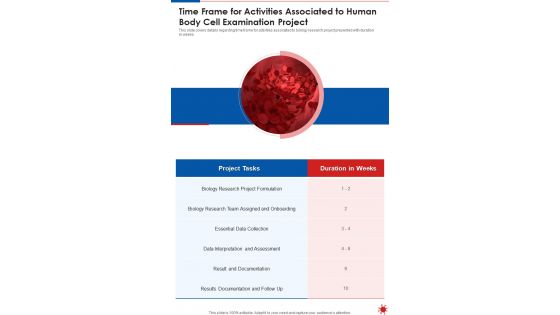 Time Frame For Activities Associated To Human Body Cell Examination Project One Pager Sample Example Document