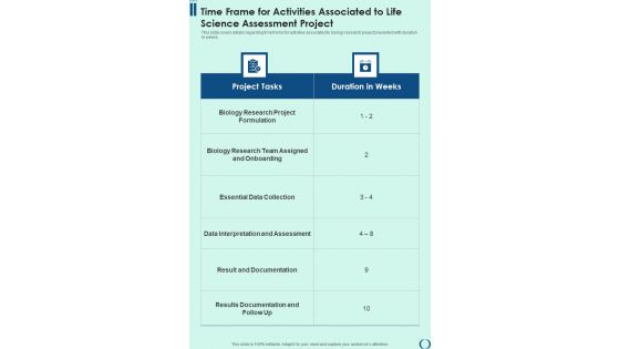 Time Frame For Activities Associated To Life Science Assessment Project One Pager Sample Example Document Time Frame For Activities Associated To Life Science Assessment Project One Pager Sample Example Document