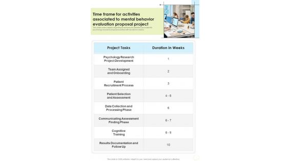 Time Frame For Activities Associated To Mental Behavior Evaluation Proposal Project One Pager Sample Example Document Time Frame For Activities Associated To Mental Behavior Evaluation Proposal Project One Pager Sample Example Document