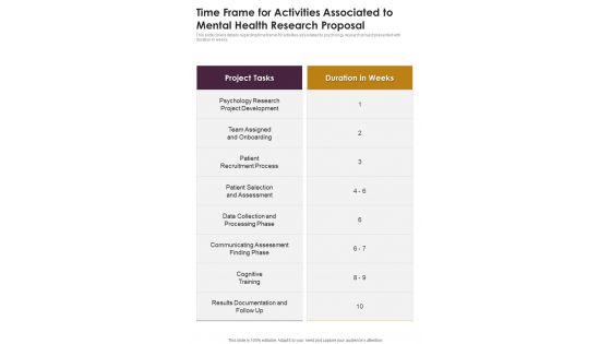 Time Frame For Activities Mental Health Research Proposal One Pager Sample Example Document