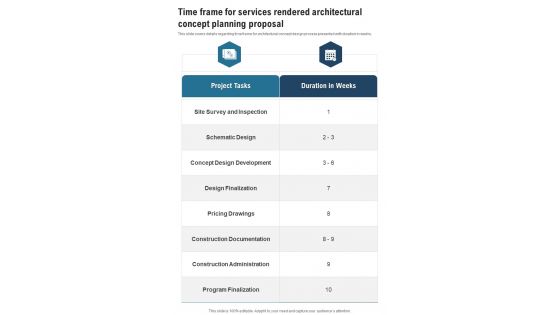 Time Frame For Services Architectural Concept Planning Proposal One Pager Sample Example Document Time Frame For Services Architectural Concept Planning Proposal One Pager Sample Example Document