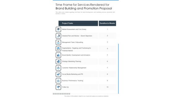 Time Frame For Services Rendered Brand Building Promotion Proposal One Pager Sample Example Document Time Frame For Services Rendered Brand Building Promotion Proposal One Pager Sample Example Document