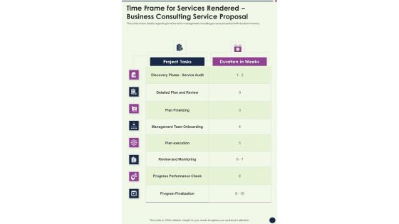 Time Frame For Services Rendered Business Consulting Service Proposal One Pager Sample Example Document Time Frame For Services Rendered Business Consulting Service Proposal One Pager Sample Example Document