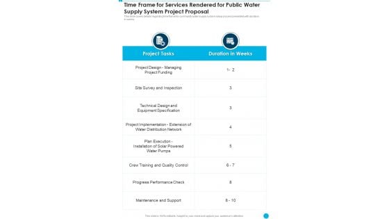 Time Frame For Services Rendered For Public Water Supply System Project Proposal One Pager Sample Example Document