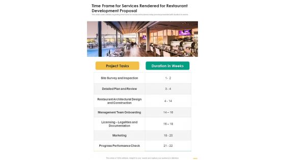 Time Frame For Services Rendered For Restaurant Development Proposal One Pager Sample Example Document