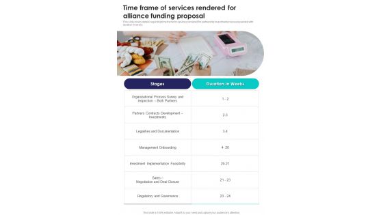 Time Frame Of Services Rendered For Alliance Funding Proposal One Pager Sample Example Document Time Frame Of Services Rendered For Alliance Funding Proposal One Pager Sample Example Document