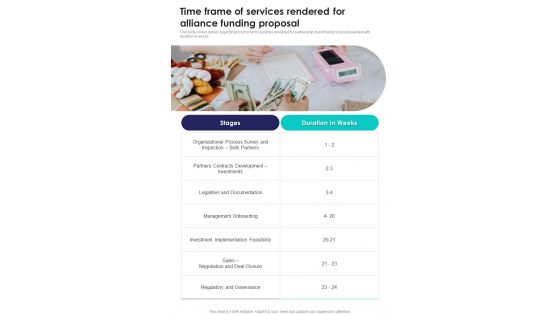 Time Frame Of Services Rendered For Alliance Funding Proposal One Pager Sample Example Document