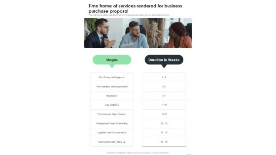 Time Frame Of Services Rendered For Business Purchase Proposal One Pager Sample Example Document Time Frame Of Services Rendered For Business Purchase Proposal One Pager Sample Example Document