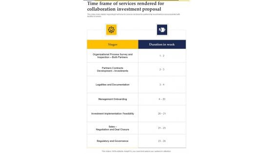 Time Frame Of Services Rendered For Collaboration Investment Proposal One Pager Sample Example Document