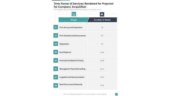 Time Frame Of Services Rendered For Company Acquisition One Pager Sample Example Document