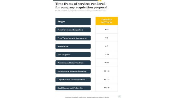 Time Frame Of Services Rendered For Company Acquisition Proposal One Pager Sample Example Document