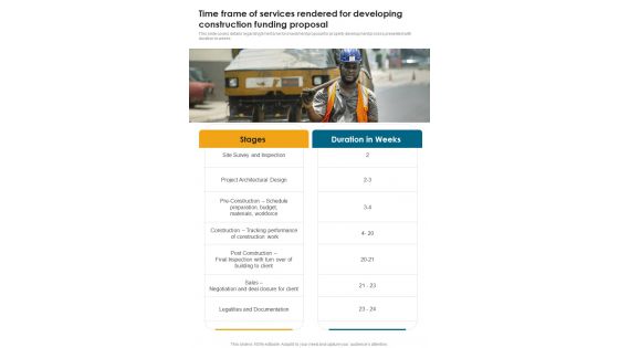 Time Frame Of Services Rendered For Developing Construction Funding Proposal One Pager Sample Example Document