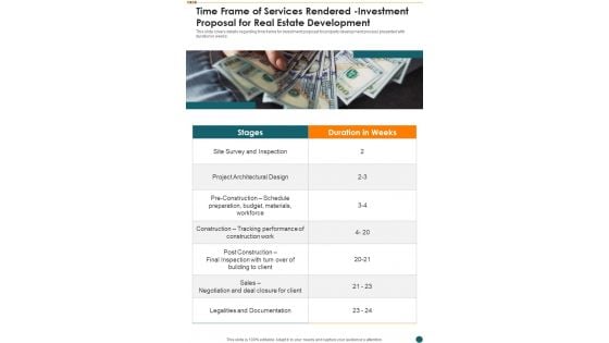 Time Frame Of Services Rendered Investment Proposal For Real Estate Development One Pager Sample Example Document