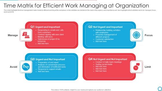 Time Matrix For Efficient Work Managing At Organization Ppt PowerPoint Presentation Gallery Show PDF