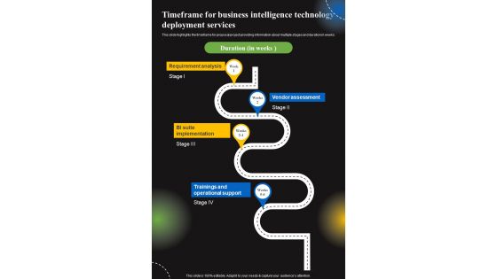 Timeframe For Business Intelligence Technology Deployment Services One Pager Sample Example Document