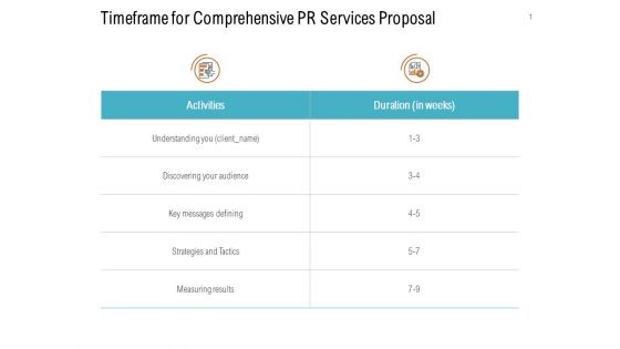 Timeframe For Comprehensive PR Services Proposal Ppt PowerPoint Presentation Styles Master Slide