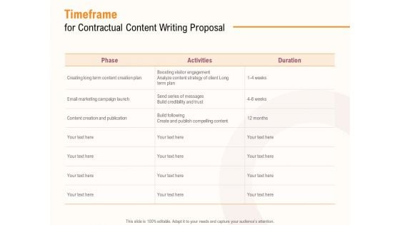 Timeframe For Contractual Content Writing Proposal Ppt PowerPoint Presentation Slides Example PDF