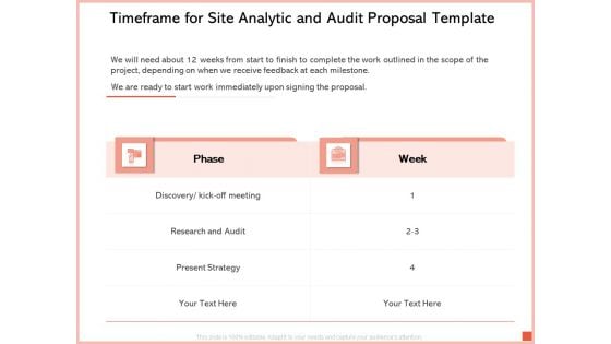 Timeframe For Site Analytic And Audit Proposal Template Ppt Infographic Template Visuals PDF Timeframe For Site Analytic And Audit Proposal Template Ppt Infographic Template Visuals PDF
