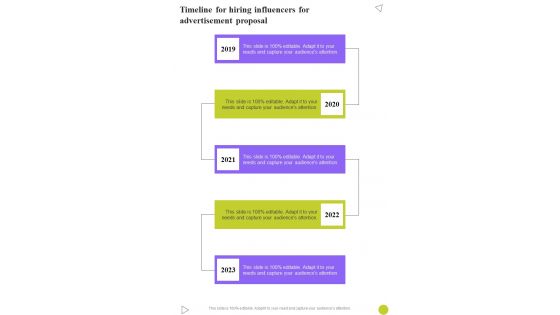 Timeline For Hiring Influencers For Advertisement Proposal One Pager Sample Example Document