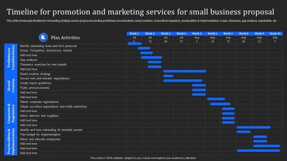 Timeline For Promotion And Marketing Services For Small Business Proposal Slides PDF