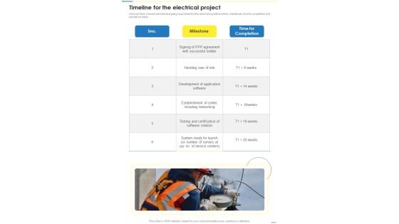 Timeline For The Electrical Project Professional Electrical Contract Services Tender One Pager Sample Example Document Timeline For The Electrical Project Professional Electrical Contract Services Tender One Pager Sample Example Document