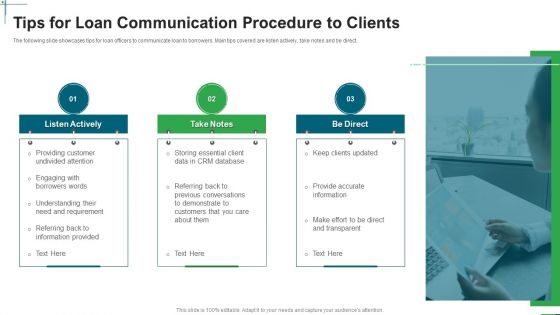 Tips For Loan Communication Procedure To Clients Ppt Styles Samples PDF