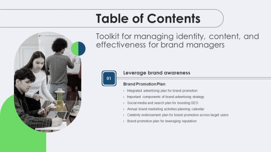 Toolkit For Managing Identity Content And Effectiveness For Brand Managers Table Of Contents Summary PDF