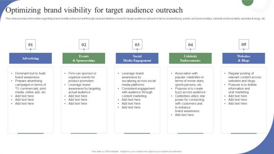 Toolkit To Administer Tactical Optimizing Brand Visibility For Target Audience Outreach Icons PDF