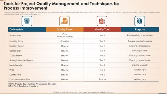 Tools For Project Quality Management And Techniques For Process Improvement Slides PDF