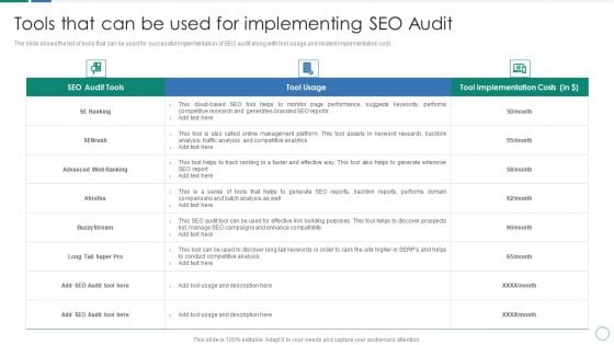 Tools That Can Be Used For Implementing SEO Audit Ppt Diagram Ppt PDF Tools That Can Be Used For Implementing SEO Audit Ppt Diagram Ppt PDF